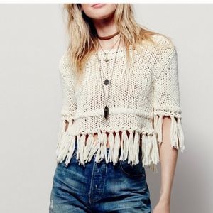 Free People Cream Fringe Knit Top